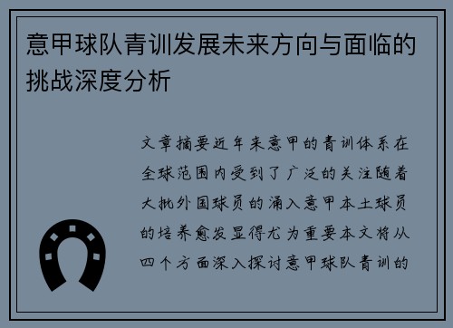 意甲球队青训发展未来方向与面临的挑战深度分析