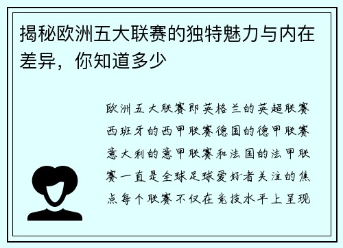 揭秘欧洲五大联赛的独特魅力与内在差异,你知道多少 揭秘欧洲五大联赛的独特魅力与内在差异,你知道多少