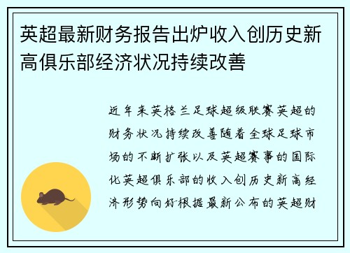 英超最新财务报告出炉收入创历史新高俱乐部经济状况持续改善