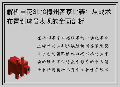 解析申花3比0梅州客家比赛：从战术布置到球员表现的全面剖析